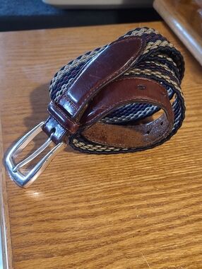 Vintage Brighton Brown Leather Braided Ecru Red Woven Belt, Sz 40